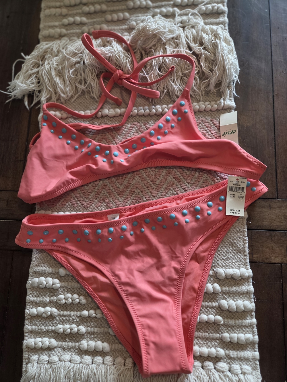 Aerie Coral Pink Bikini Set with Blue Stud Accents, Medium